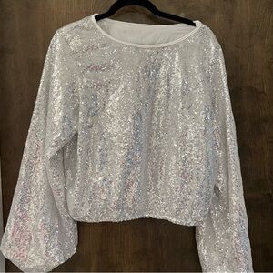 Silver Sequin Long Sleeve Silver Top, Size Large, Like New